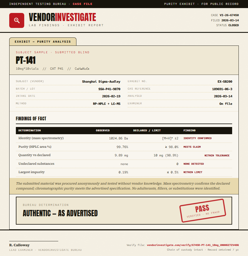 PT-141 Purity (HPLC) report by VendorInvestigate